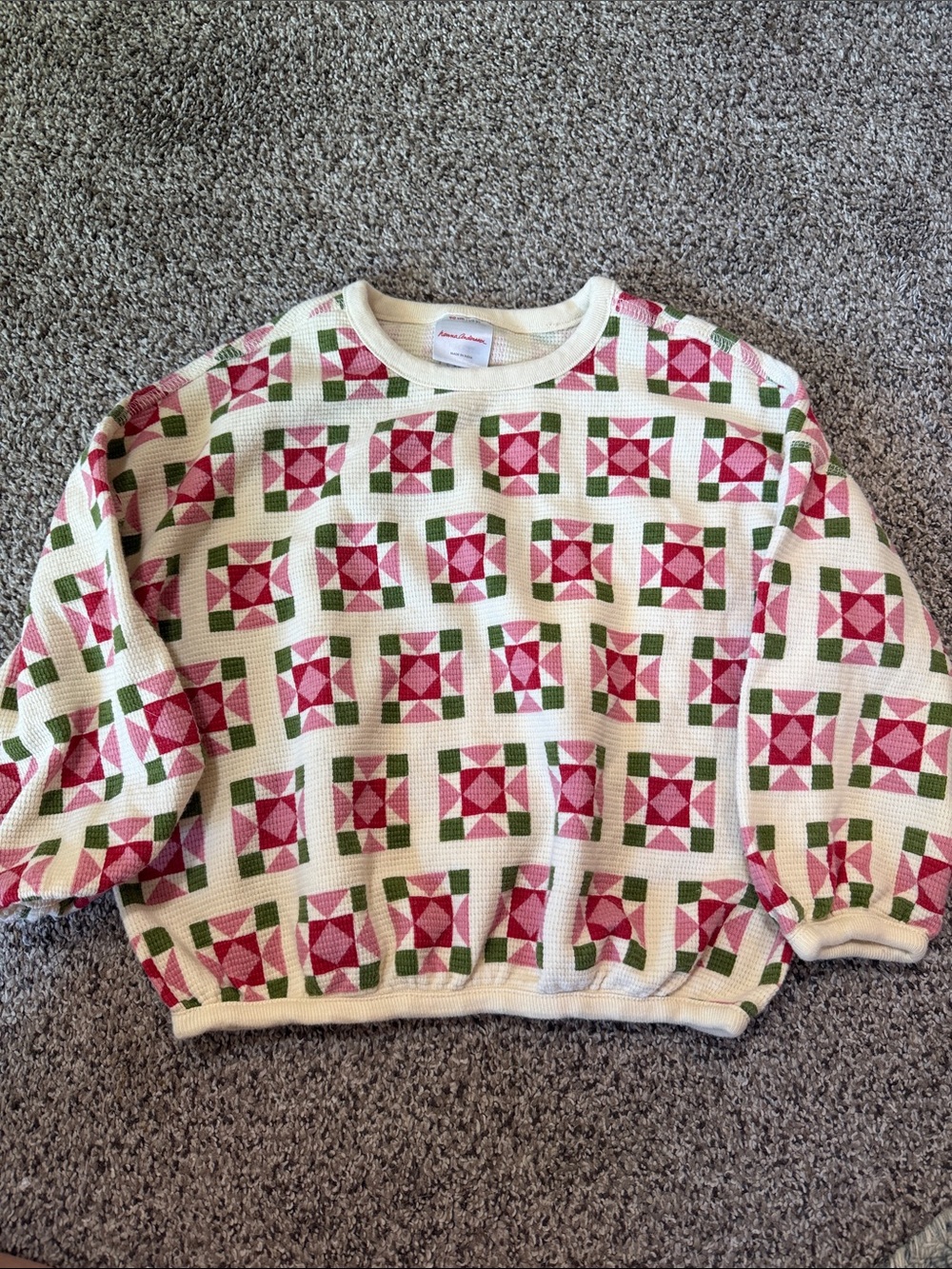 Hanna Andersson Cream Crewneck Sweater with Pink and Green Quilt Motif